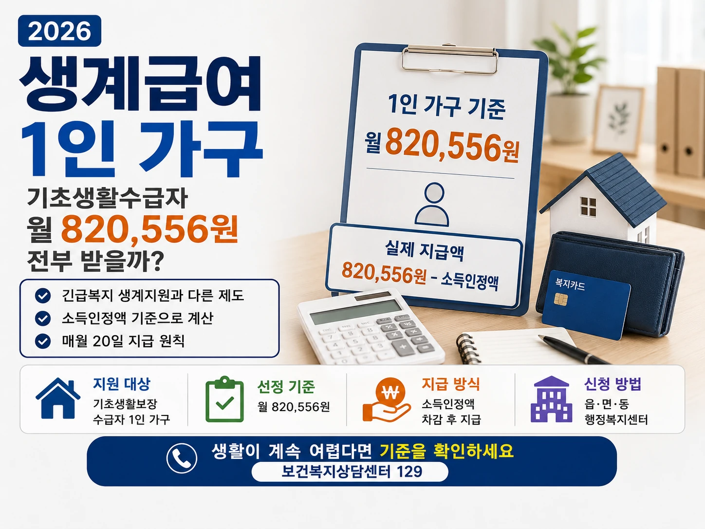 2026 생계급여 1인 가구 월 820556원 계산
