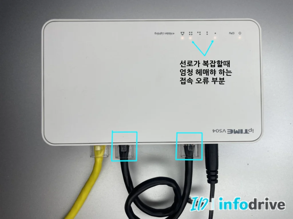 공유기 랜선 잘못 연결한 모습