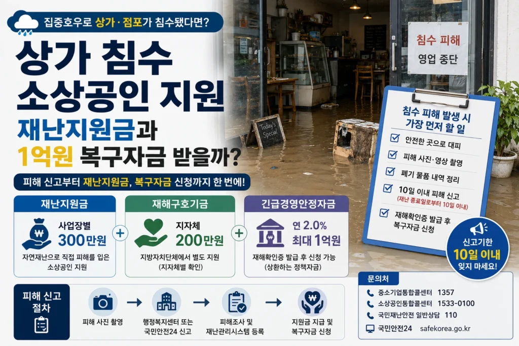 상가 침수 소상공인 재난지원금과 복구자금